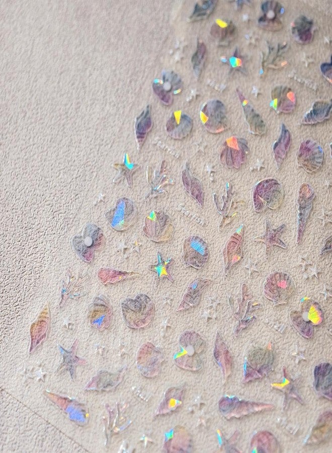 Maigitur Laser Ocean Nail Stickers Gold Conch Nail Designs Self-Adhesive Silver Shell Nail Decals 5D Embossed Aurora Starfish Summer Sticker Manicure Accessories for Women Girls DIY Acrylic Nails 2 Sheets - Image 2